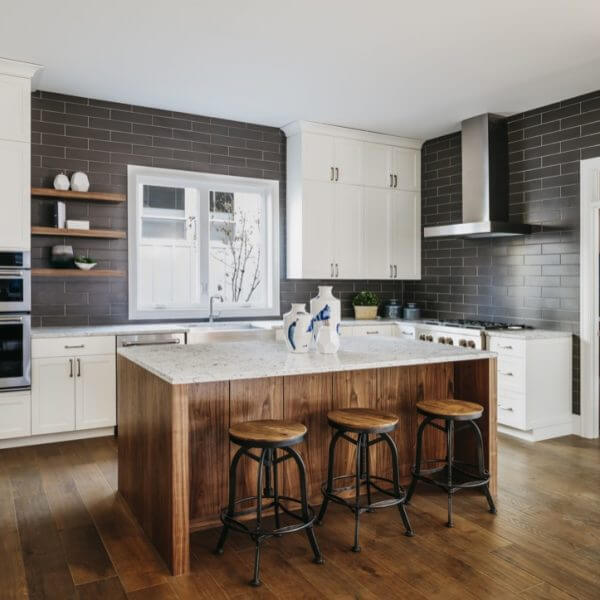 Classic Contemporary Modern White Kitchen with Brown Tiled Splashback Country Style