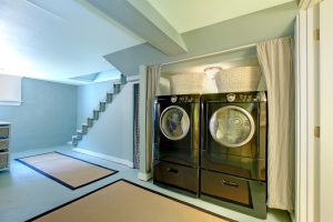 Blue Laundry Room, basement laundry room design and ideas