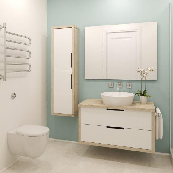 Modern bathroom interior Design using CAD 3d render. White cabinets with wooden finish.
